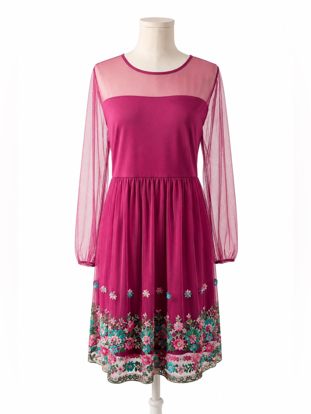 Entro Burgundy Embroidered Floral Tulle Dress Size Large Boho Romantic NWT